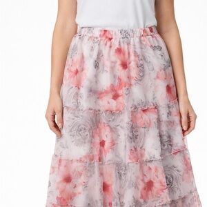 Alfred Dunner Pink and Gray Floral Tiered Chiffon Skirt “Rose Hill”